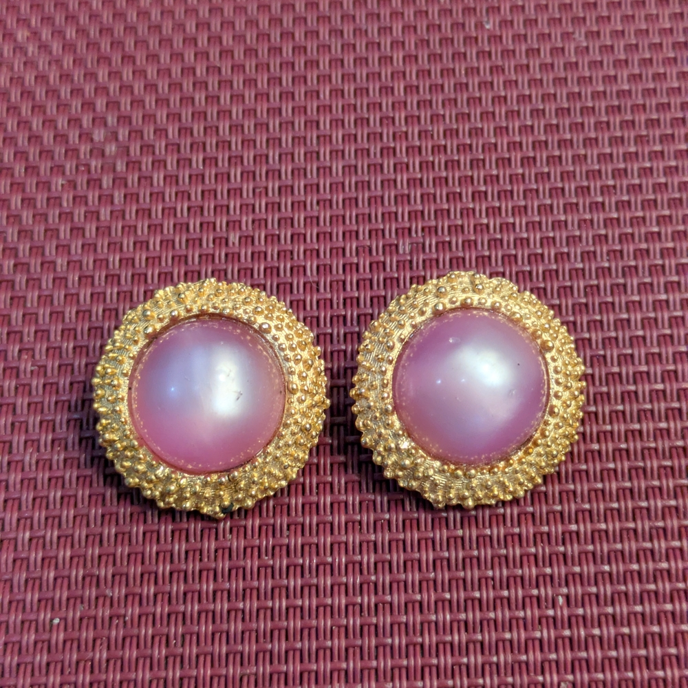 B#2: Vintage Good Tone Clip On Earrings With Pink Cabochons